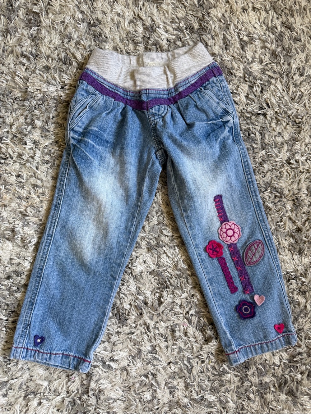 naartjie Light Blue Denim Jeans with Purple & Pink Floral Appliqués